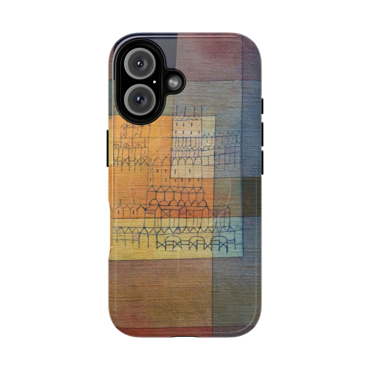 Phone case with abstract geometric pattern inspired by the painting "Polyphonic Architecture (1930)" by the artist Paul Klee.