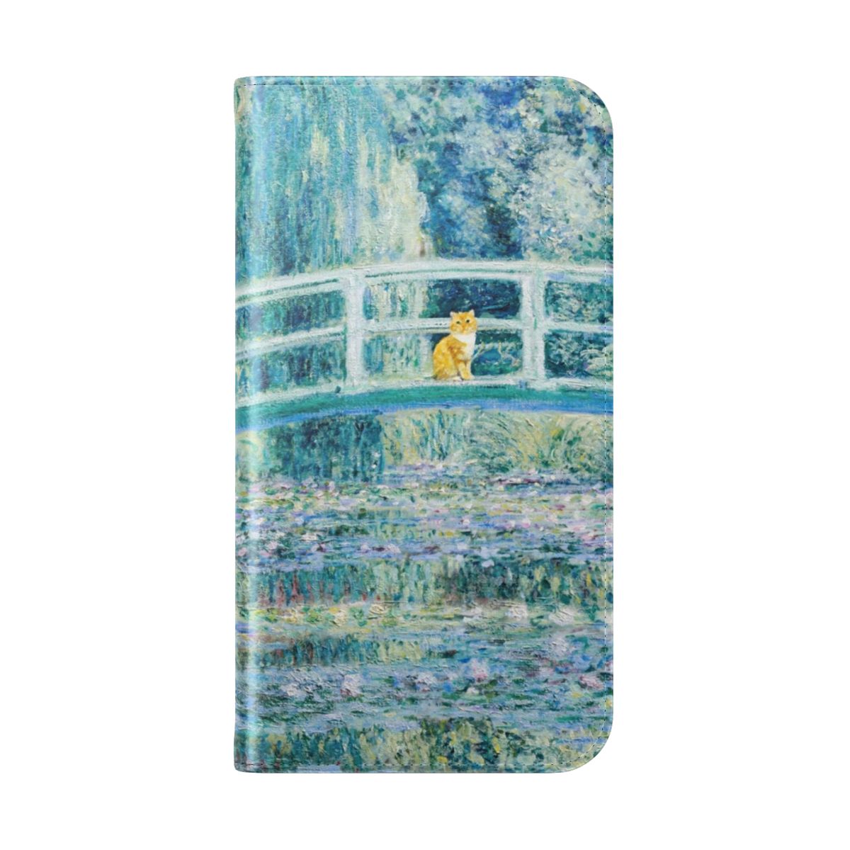 Flip cover phone case featuring Claude Monet's painting of water lilies, a Japanese bridge, and a funny orange cat. - Folded Back