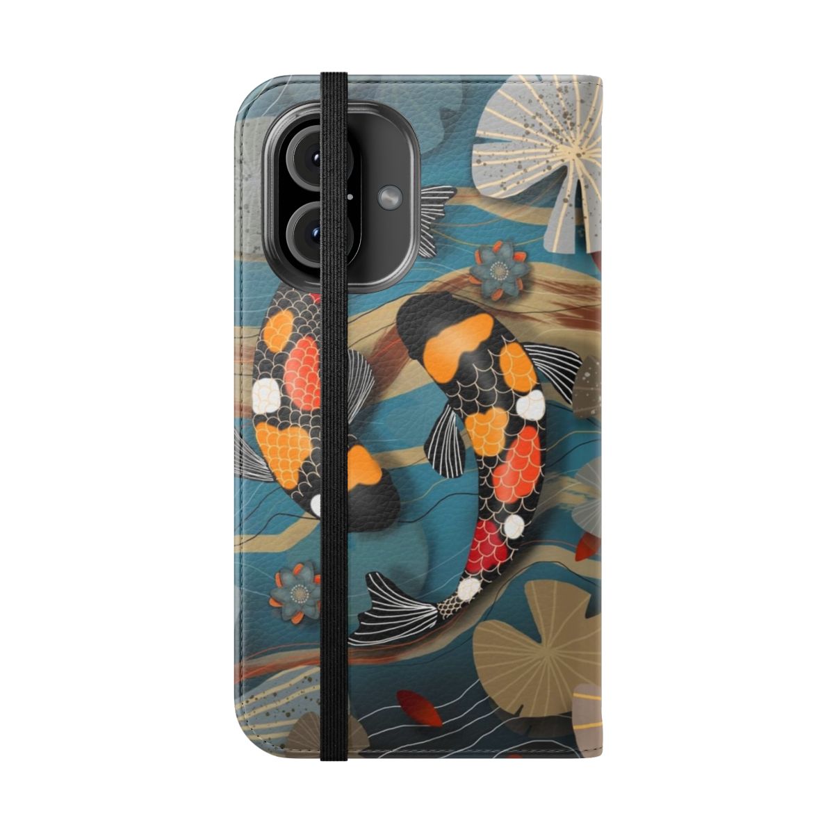 Colorful illustration of koi fish swimming in a lush water garden, featured on a phone case. - Folded Front