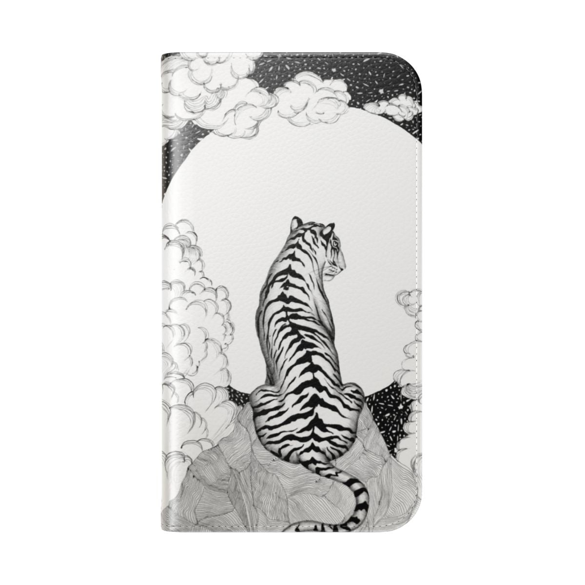 A striking black and white ink drawing of a tiger and moon on a flip cover phone case - Folded Back