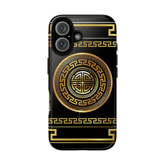 A sleek and durable Greek key meander pattern phone case in black and gold.