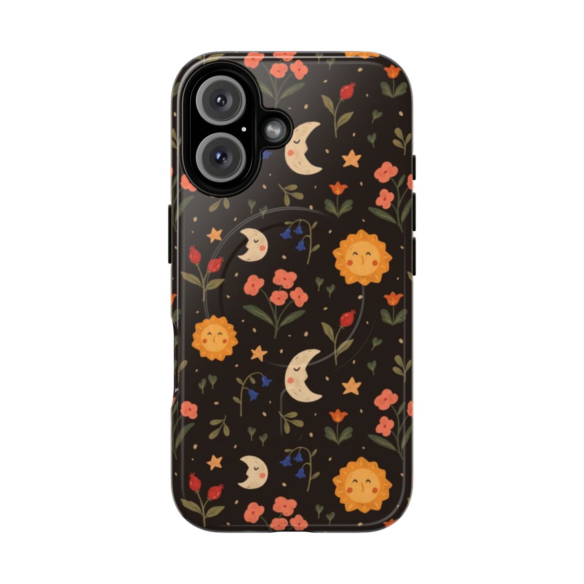 Magnetic phone case with a floral pattern featuring suns, moons, and flowers