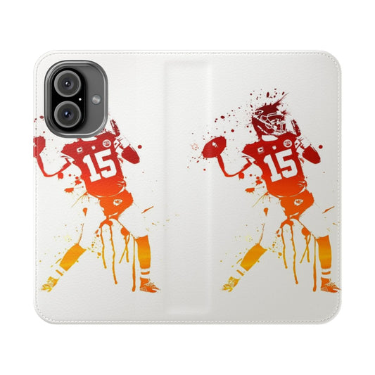 Football-themed phone case with Kansas Chiefs colors and Patrick Mahomes design