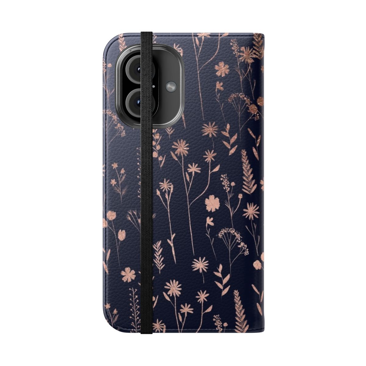 Floral hand drawn navy blue phone case with rose gold accents and dried pressed flowers - Folded Front