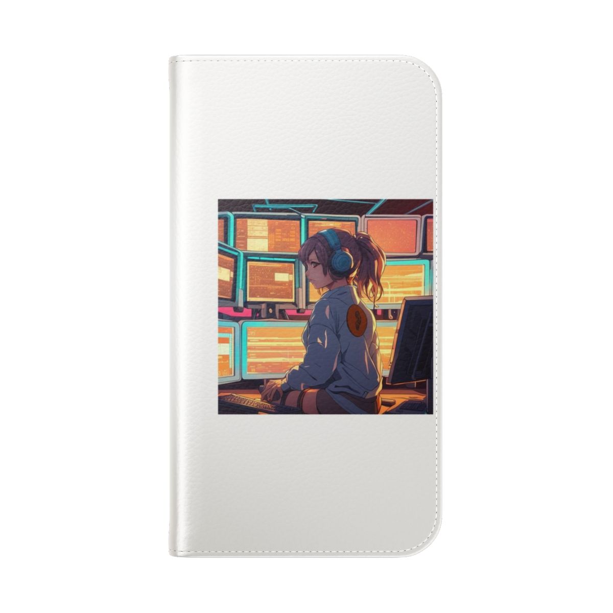 Cyberpunk-inspired flip cover phone case featuring a female hacker in a futuristic, technological setting - Folded Back