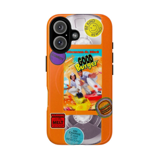 Retro 90s-Inspired Orange Phone Case with Good Burger VHS Tape Design