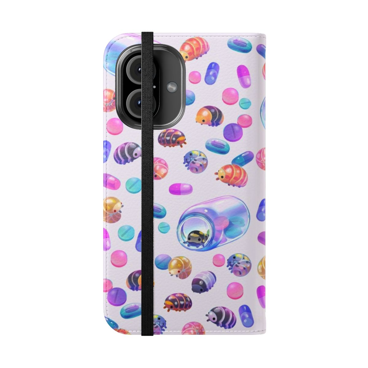 Pill bug themed phone case with a flip cover design - Folded Front