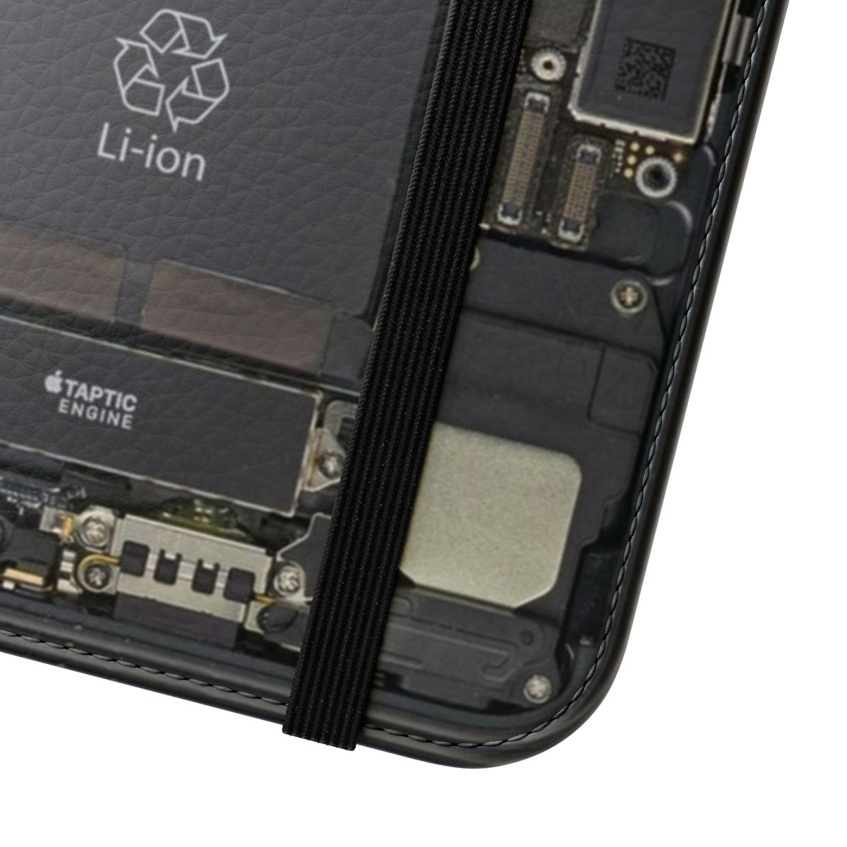 Closeup view of the interior components of an iPhone, showcased through a transparent flip case - Close Up