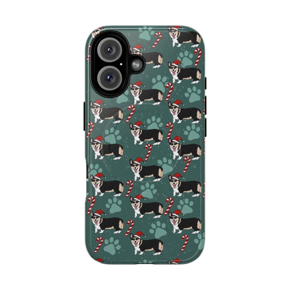 Magnetic phone case with a festive corgi pattern design