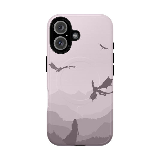 Silhouette art of Daenerys Targaryen's dragon Drogon against a pink and grey landscape on a phone case