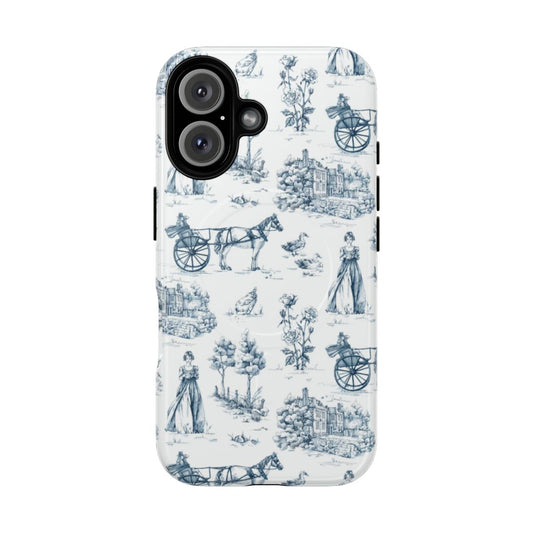 A blue and white Toile de Jouy inspired phone case featuring a design inspired by the classic Jane Austen novel "Pride and Prejudice".