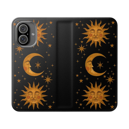 Celestial-inspired flip cover phone case with sun, moon, and stars design