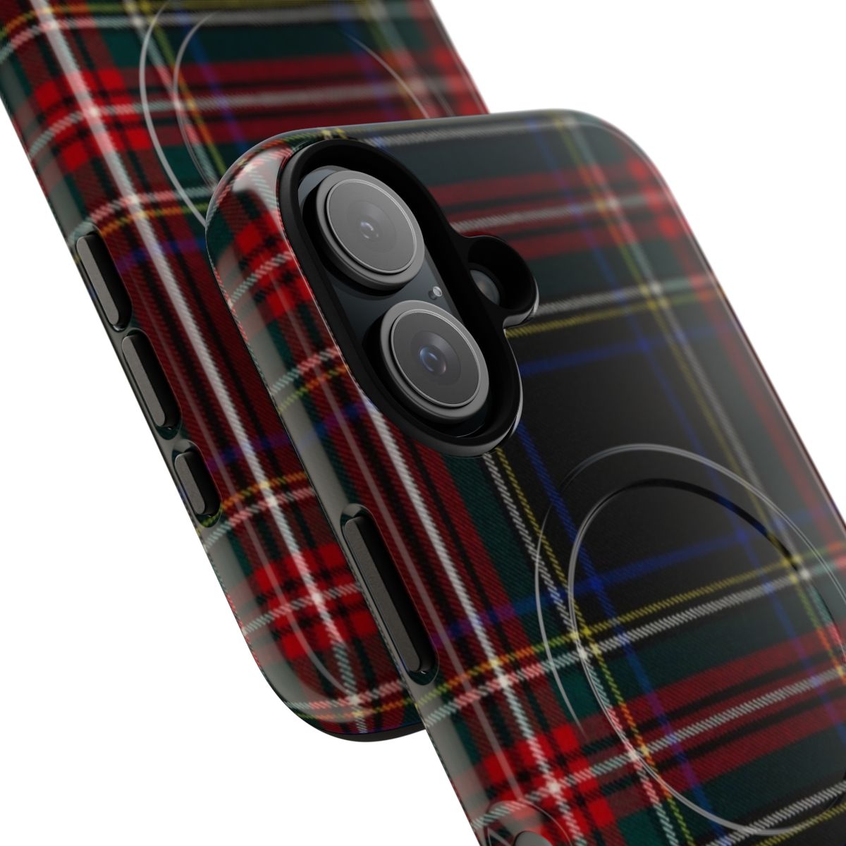 Close-up of a black phone case with a traditional Scottish tartan pattern - Detail