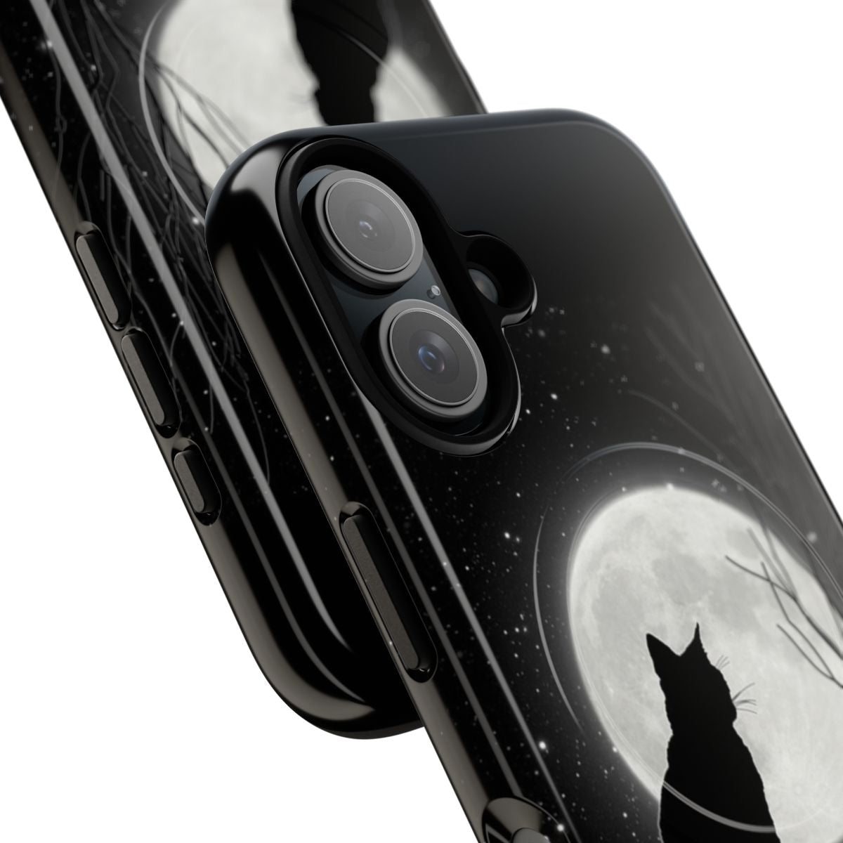 A detailed black cat silhouette against a full moon night sky, featured on a magnetic tough phone case. - Detail