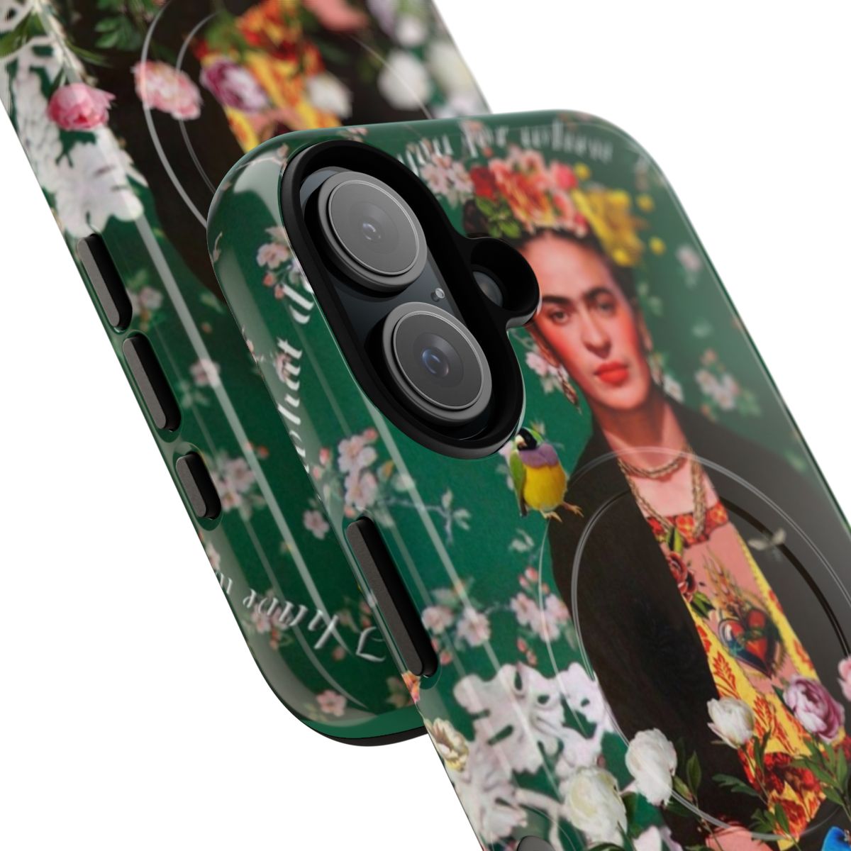 Vibrant floral and bird-themed phone case featuring Frida Kahlo's iconic image - Detail