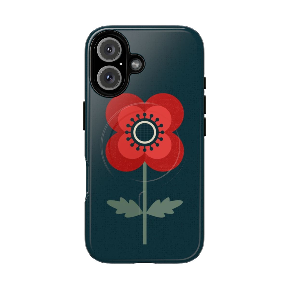 Vintage red poppy flowers on a forest green background, creating a retro floral pattern for a durable phone case.