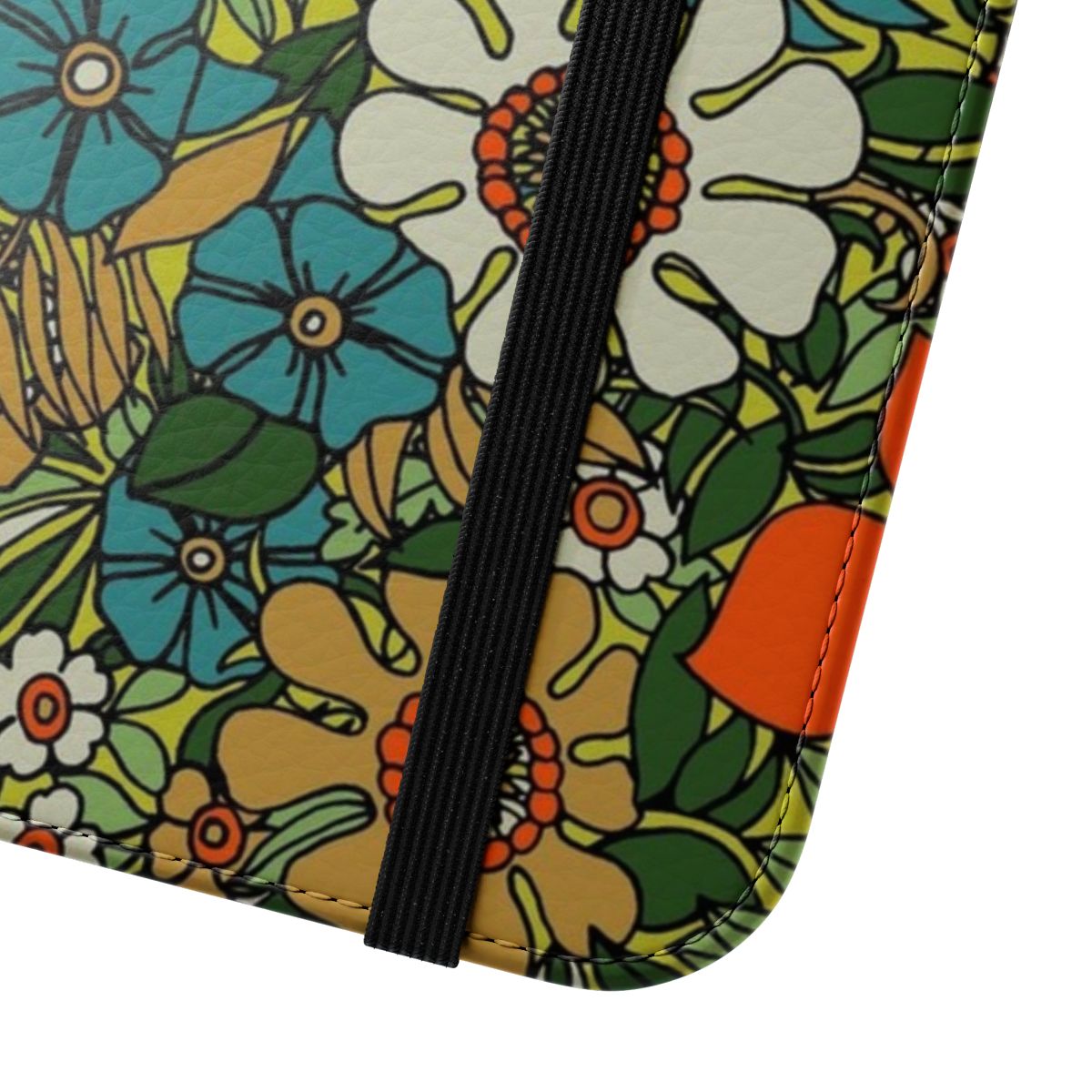 A vintage-style flip cover phone case featuring a colorful floral and tropical design, inspired by the 1970s. - Close Up