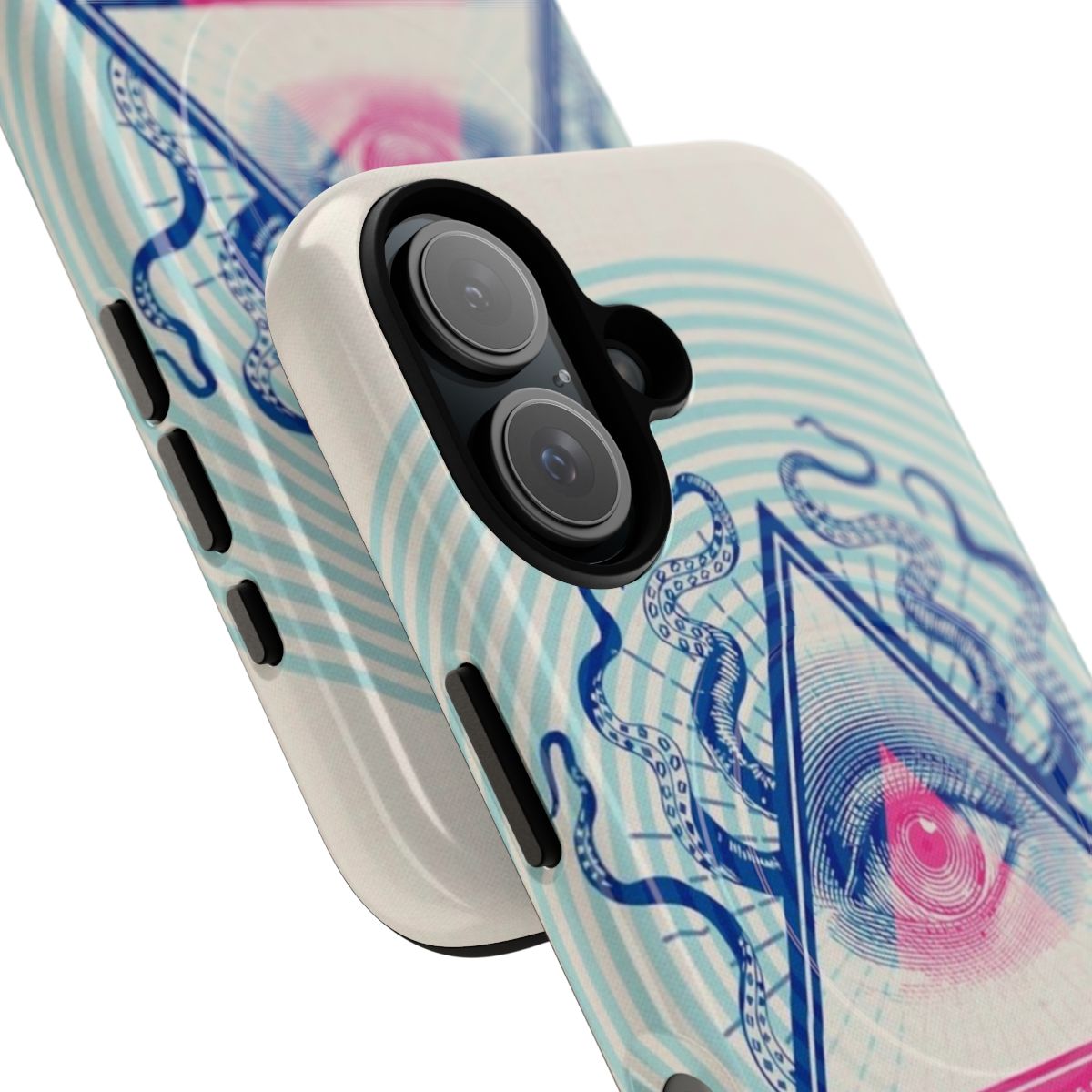 Illuminati-inspired geometric phone case with pink, tentacle, and cthulhu-like designs - Detail