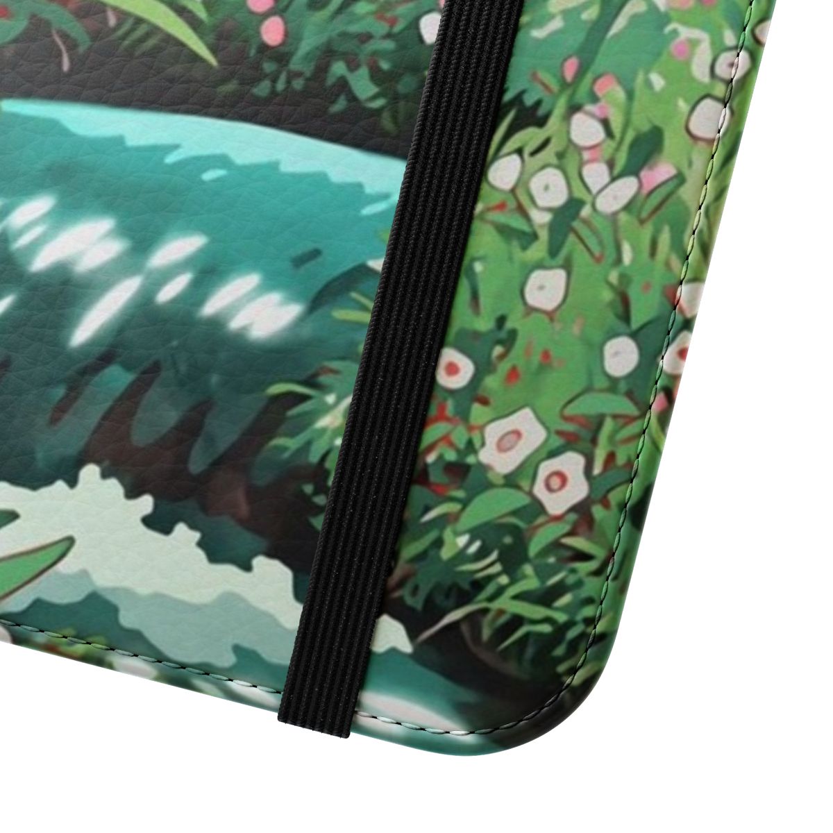 Anime-inspired phone case with a beautiful scenery of a river, flowers, and sky - Close Up