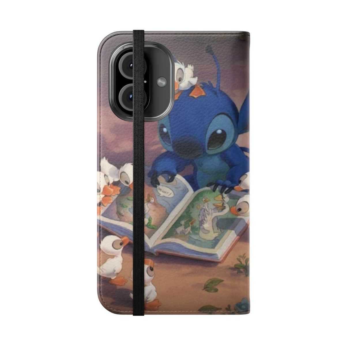 A cute and whimsical flip cover phone case featuring the beloved character Stitch from the Disney movie "Lilo and Stitch" reading a book. - Folded Front