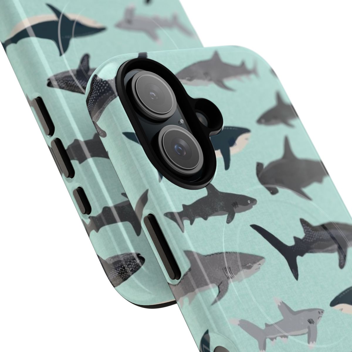 Illustration of various shark species on a tough phone case - Detail