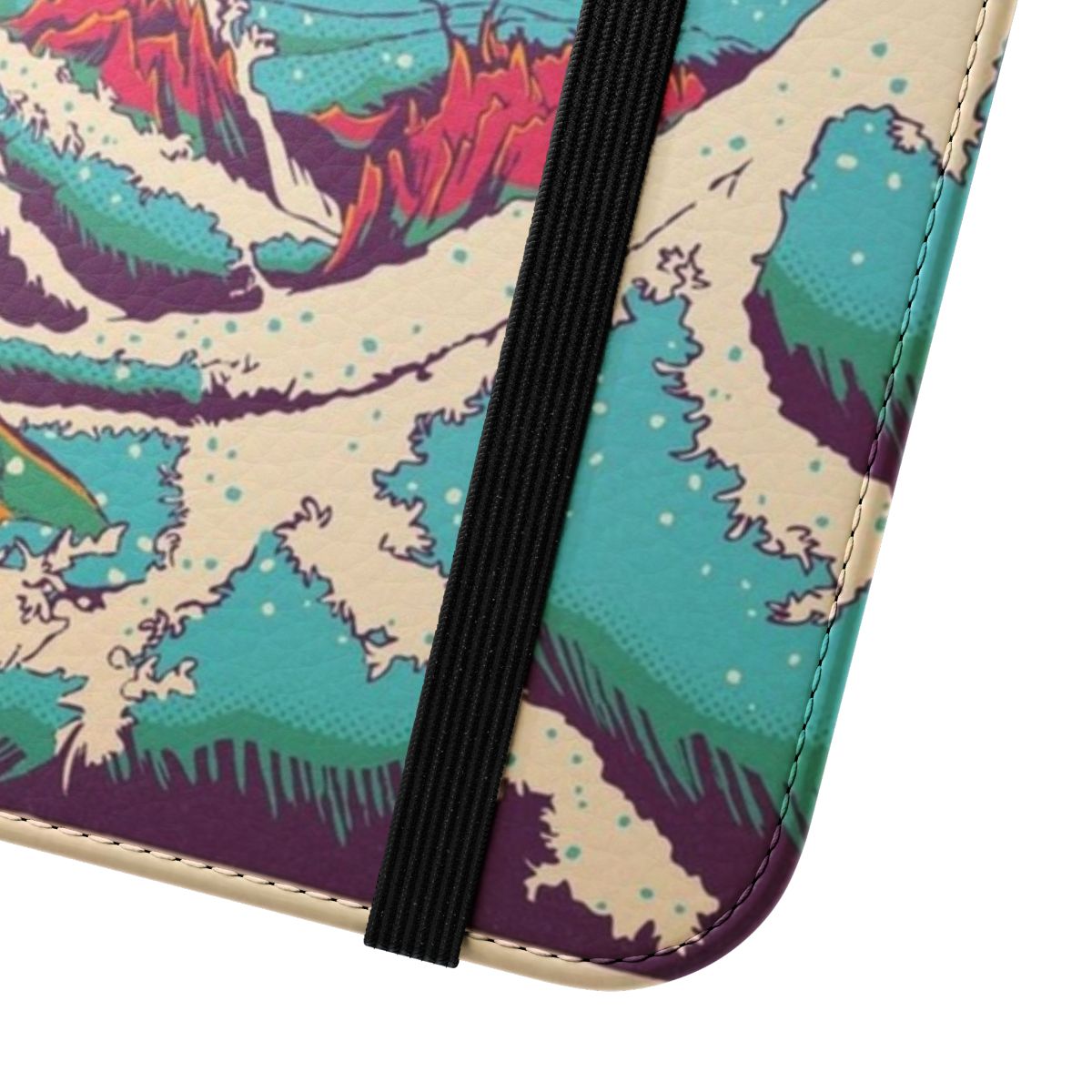 A phone case with a Halloween and Christmas themed design featuring surfers, waves, and characters from The Nightmare Before Christmas. - Close Up