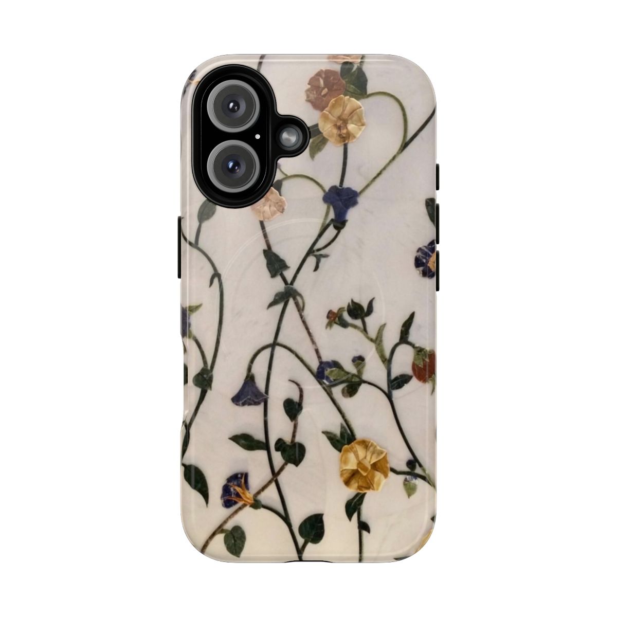 Inlaid wall magnetic tough phone case with floral and marble design