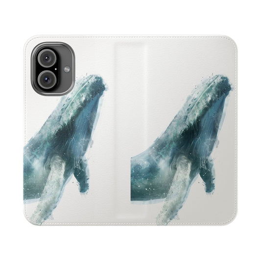 A beautiful phone case featuring a lifelike illustration of a majestic humpback whale swimming in the deep blue ocean.