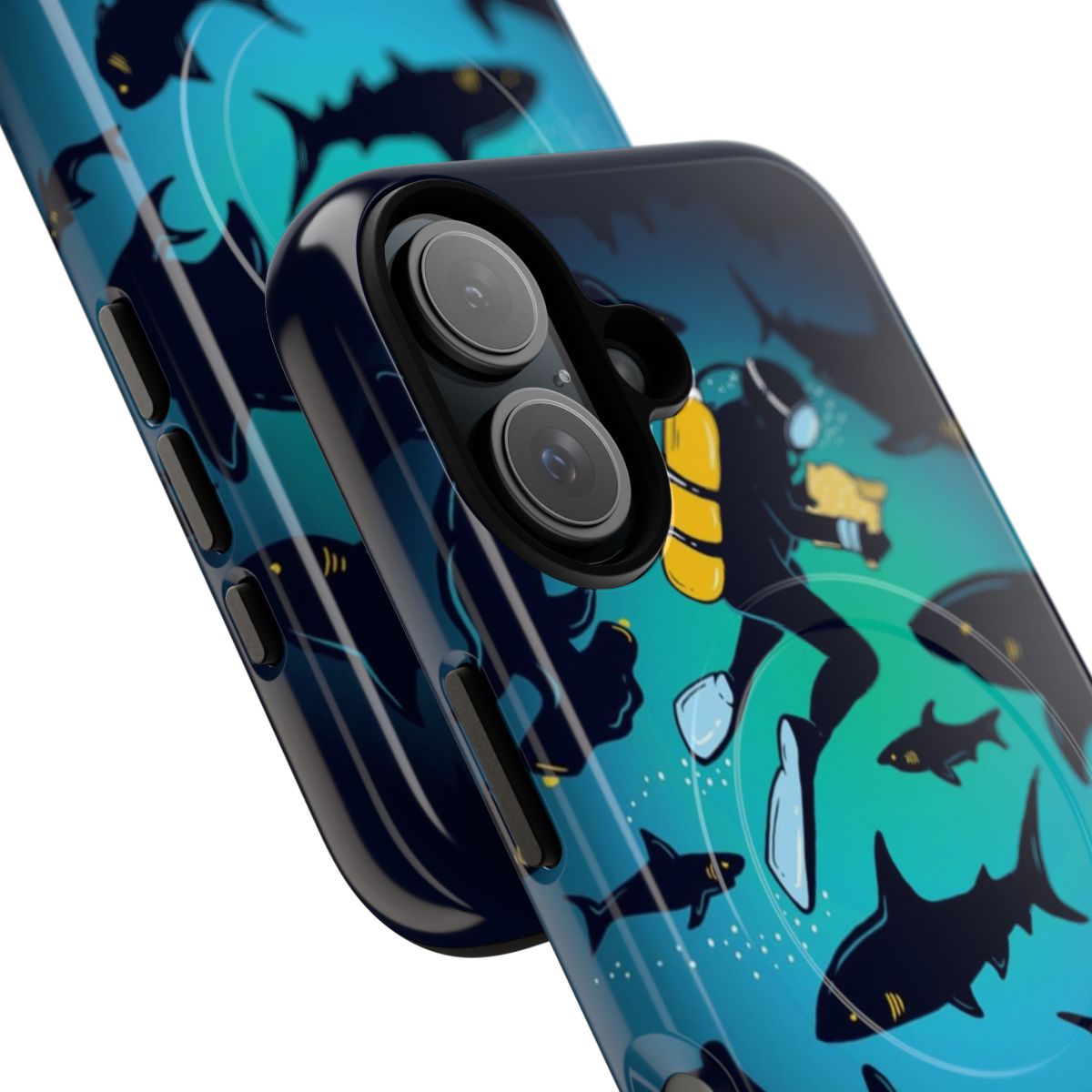 Magnetic tough phone case with a funny shark and diver illustration - Detail