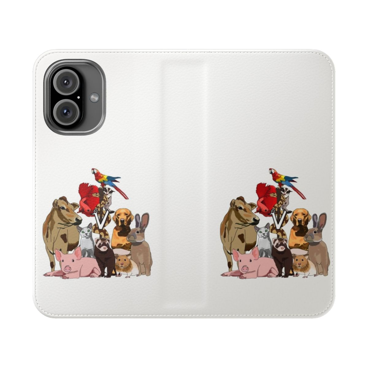 Colorful mixed animal print phone case with dog, cat, bird, and fish designs.