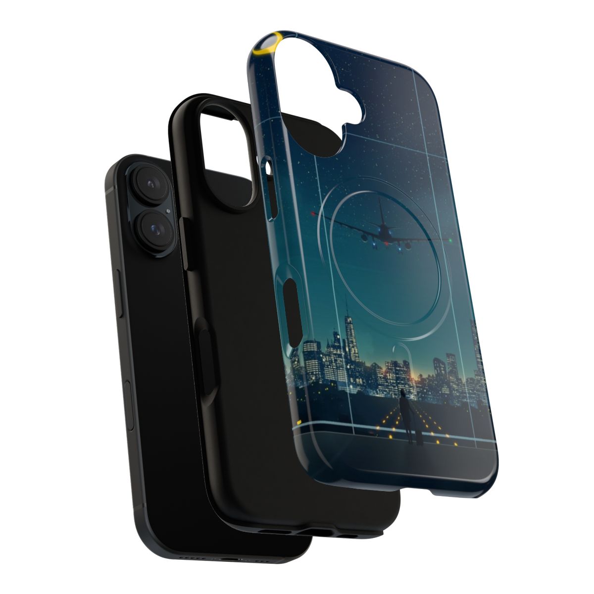 Magnetic phone case with a cityscape at night, featuring the moon, stars, and an airplane - Layers