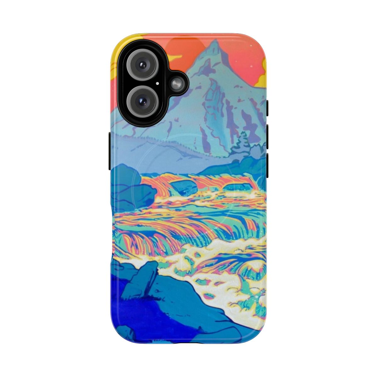 Colorful and vibrant phone case featuring a pop art style landscape with a rushing river and pastel colors