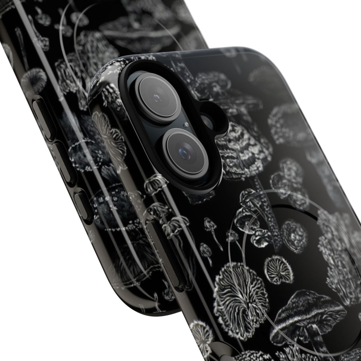 A black and white phone case with a detailed mushroom pattern, perfect for nature and goth fashion lovers. - Detail