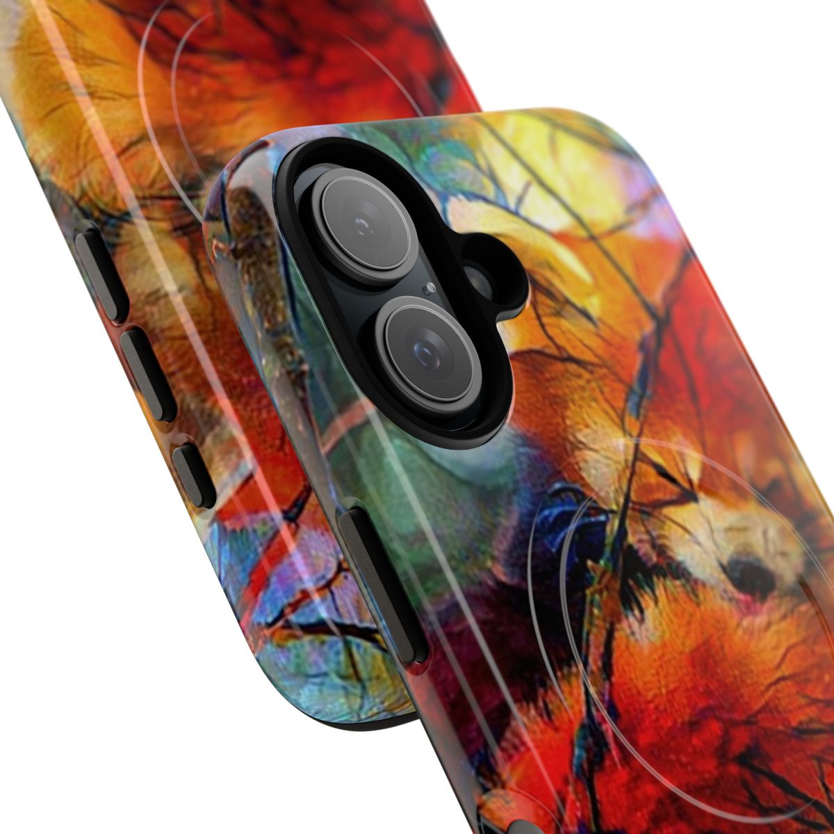 Vibrant and colorful phone case featuring an illustrated red panda amid autumn leaves and branches - Detail