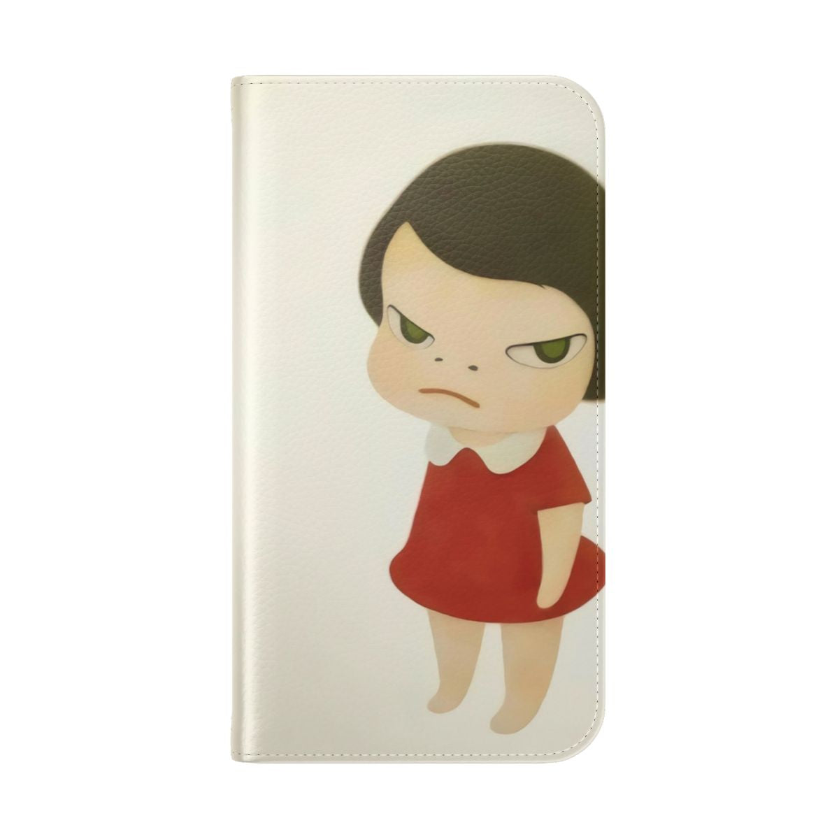 Artistic flip cover phone case with a cute girl in a red dress, inspired by the artwork of Yoshitomo Nara. - Folded Back