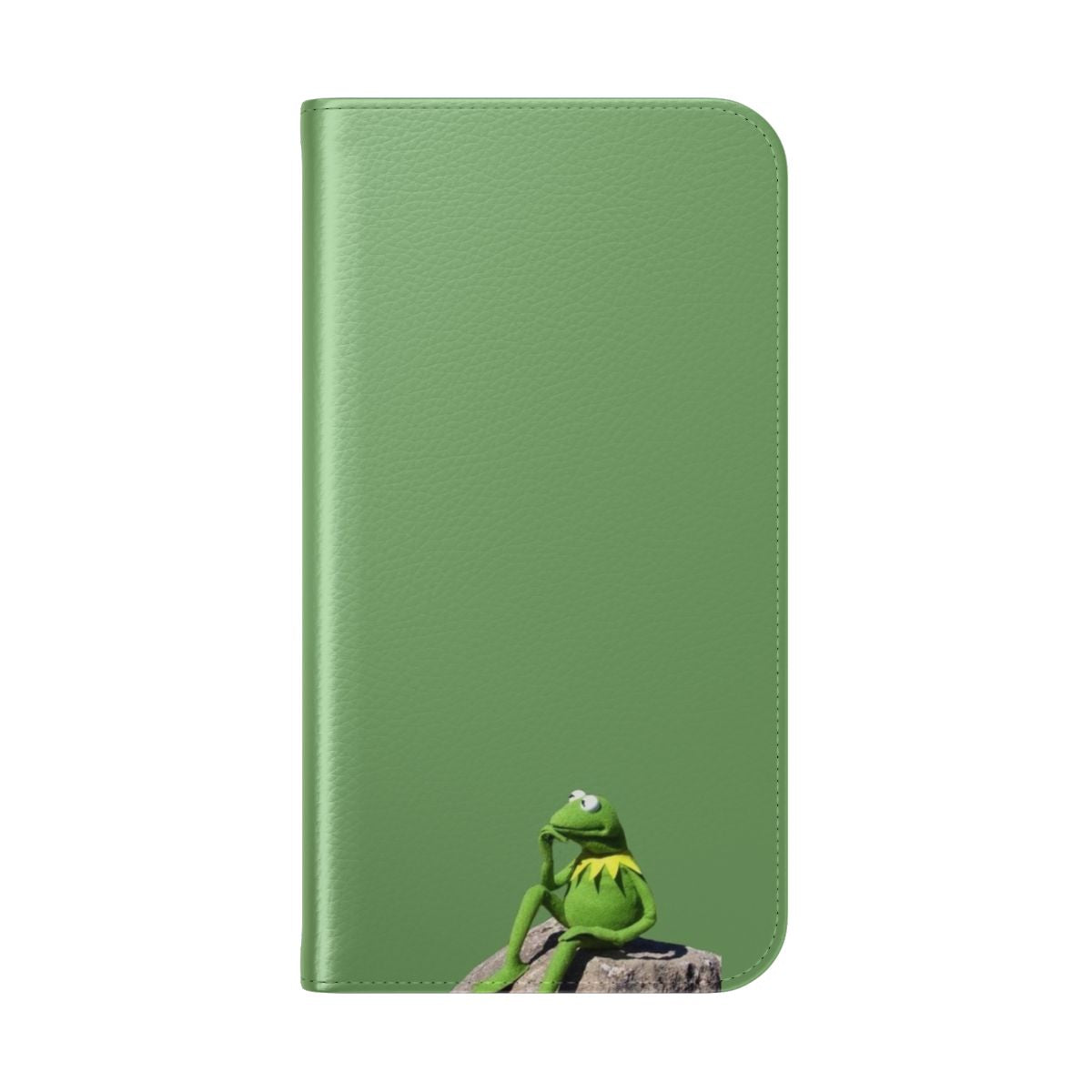 Green meme-inspired flip phone case with an illustration of Kermit the Frog in a "thinking" pose - Folded Back