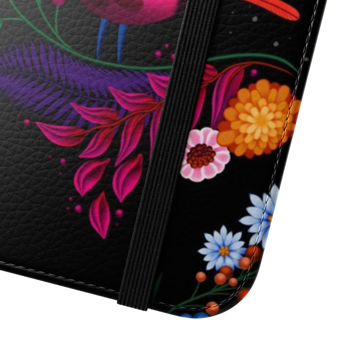 Flip cover phone case with a minimalist, graphical night sky and floral design - Close Up