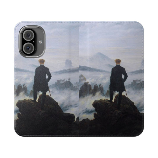 Artistic phone case featuring the iconic painting "Wanderer above the Sea of Fog" by German Romantic artist Caspar David Friedrich.