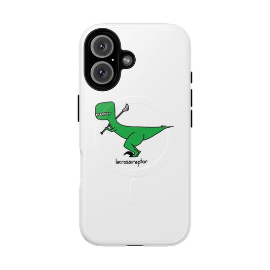 Tough and magnetic phone case featuring a lacrosse-themed velociraptor design