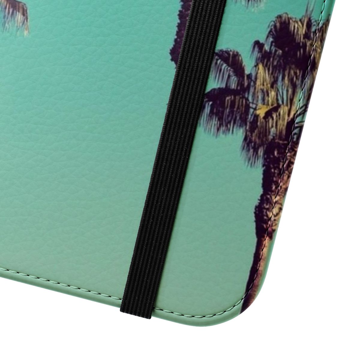 Vibrant phone case featuring a minimalist design of palm trees against a turquoise and blue background, representing the natural beauty of California. - Close Up