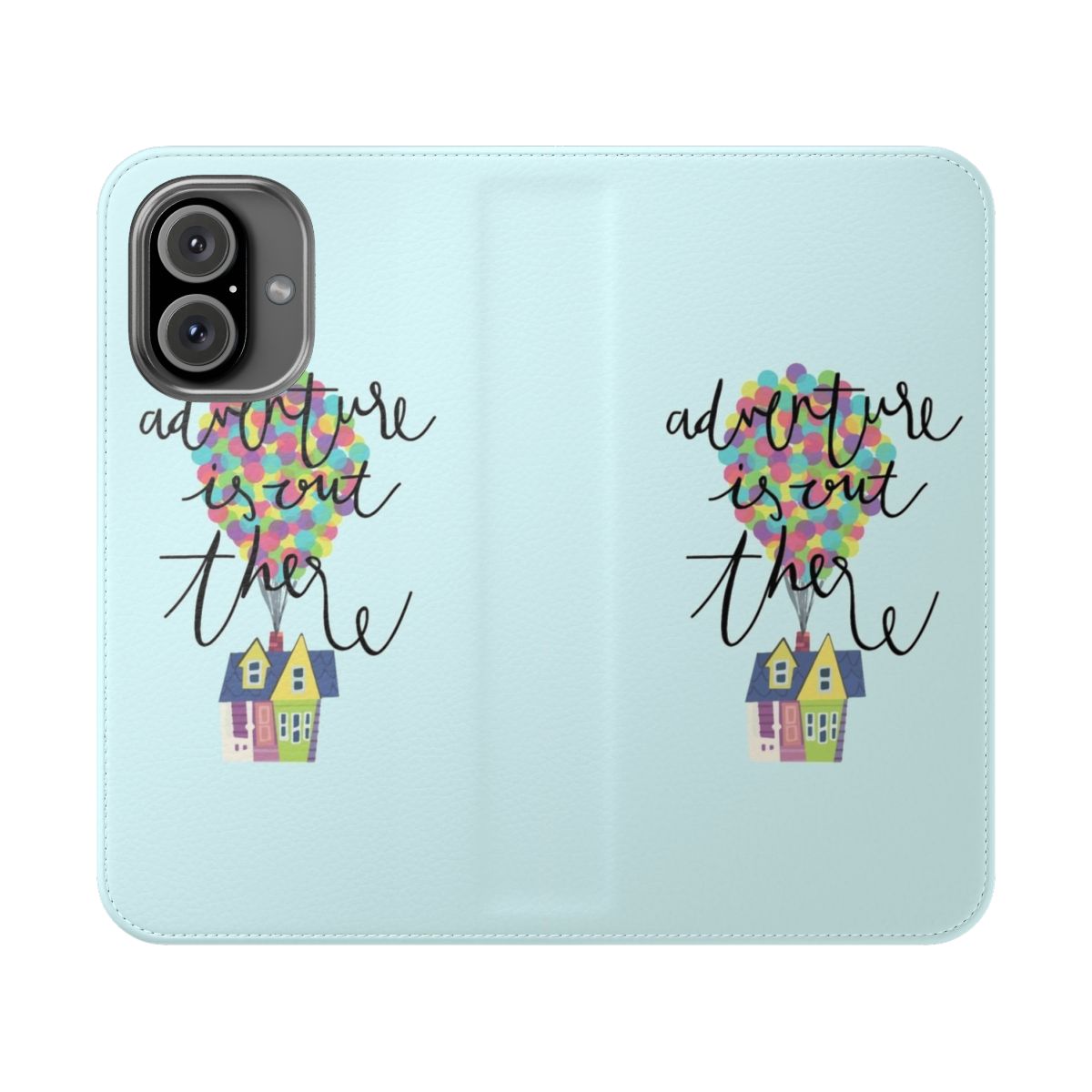 Whimsical phone case featuring hand-lettered adventure design with Disney-inspired balloons and house