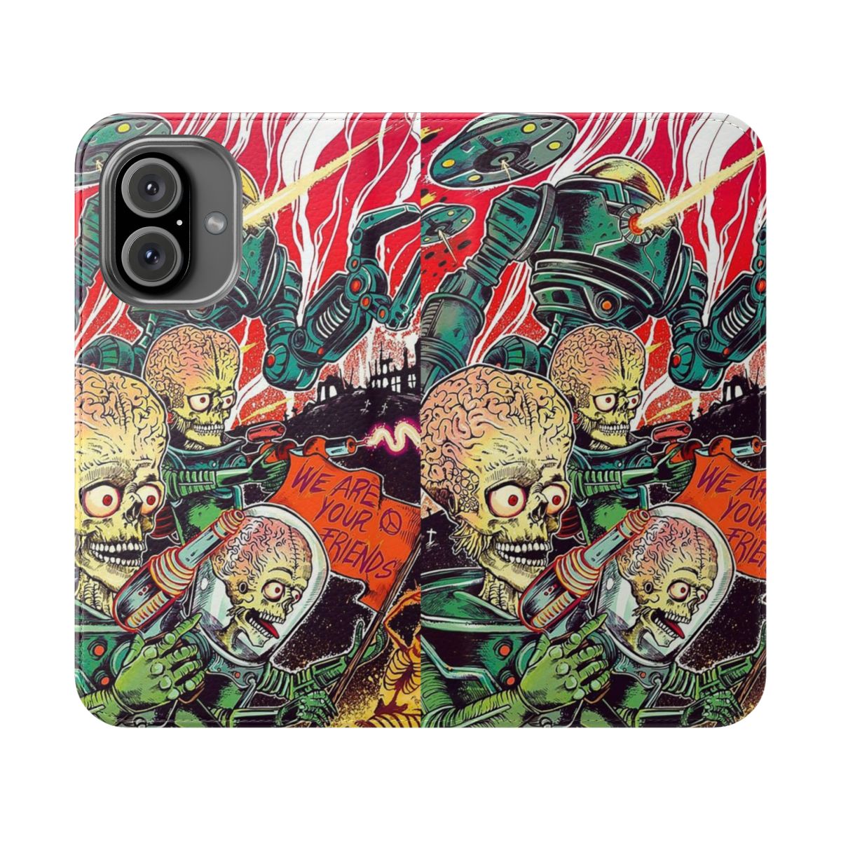 Friends-inspired flip cover phone case with sci-fi Mars Attacks-themed design