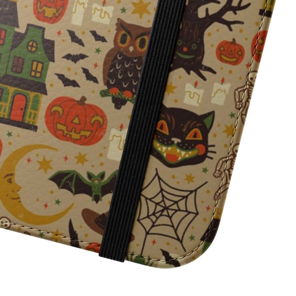 Vintage-inspired Halloween-themed phone case cover featuring black cats, owls, bats, and other spooky elements. - Close Up