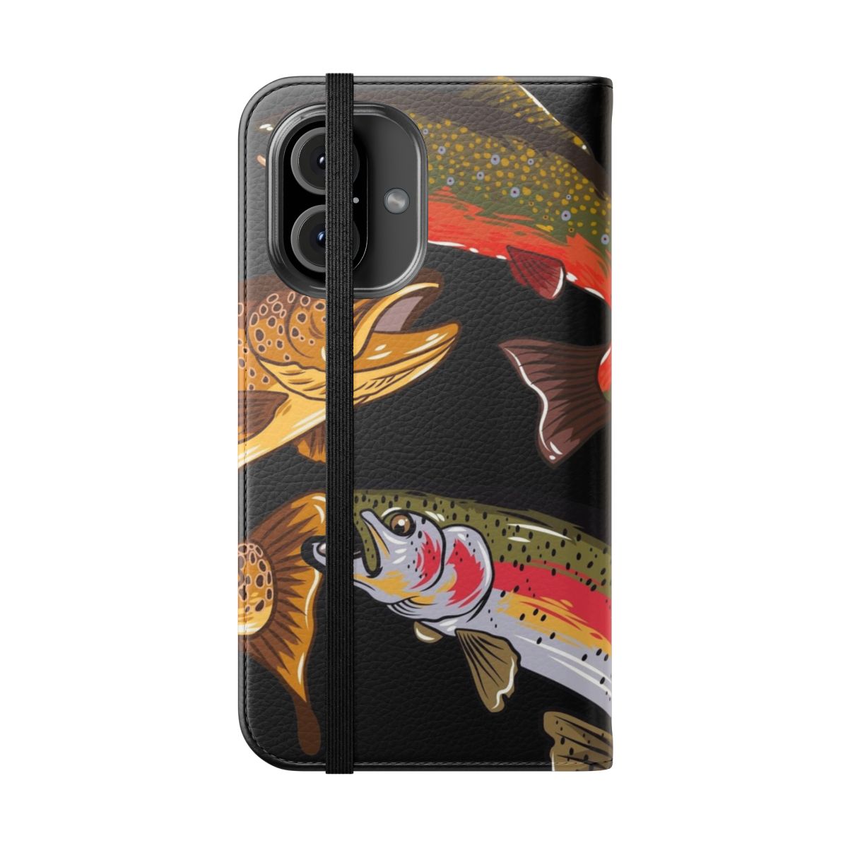 Vibrant flip cover phone case with a detailed trout illustration for fly fishing and trout fishing enthusiasts. - Folded Front