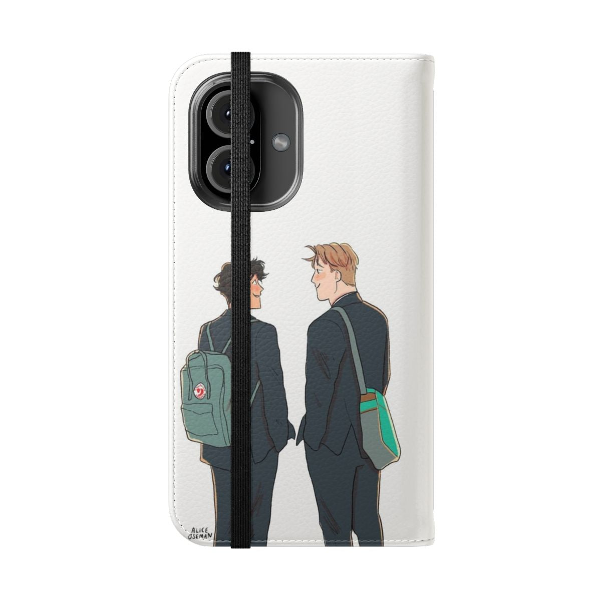 Heartstopper-inspired flip cover phone case with Nick and Charlie artwork - Folded Front