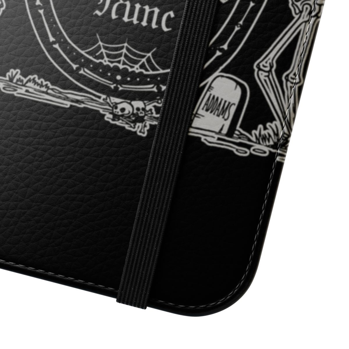 Addams-inspired flip phone case with gothic skeleton, skull, and bat design - Close Up