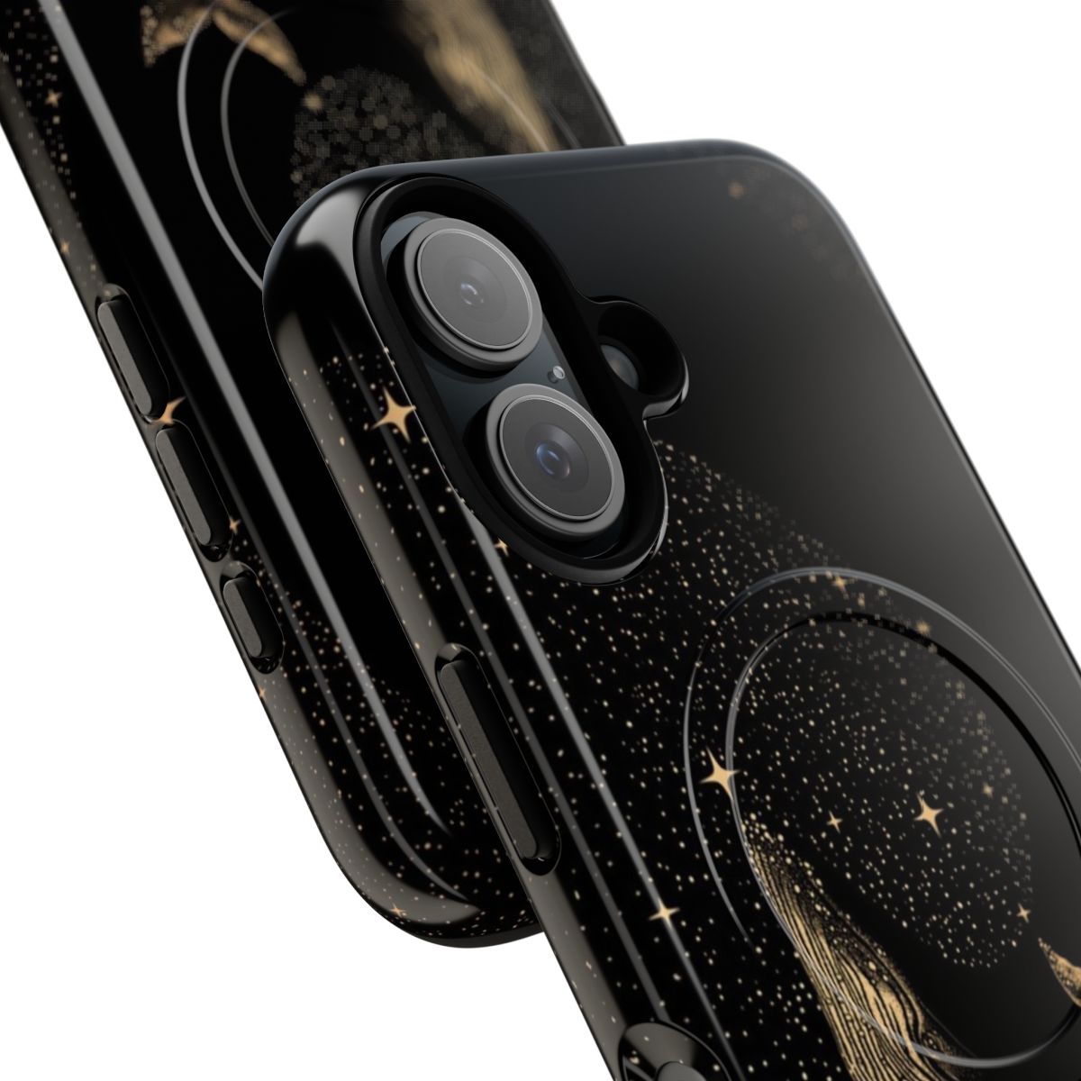 A surrealist phone case featuring a golden whale swimming among the stars and galaxies. - Detail