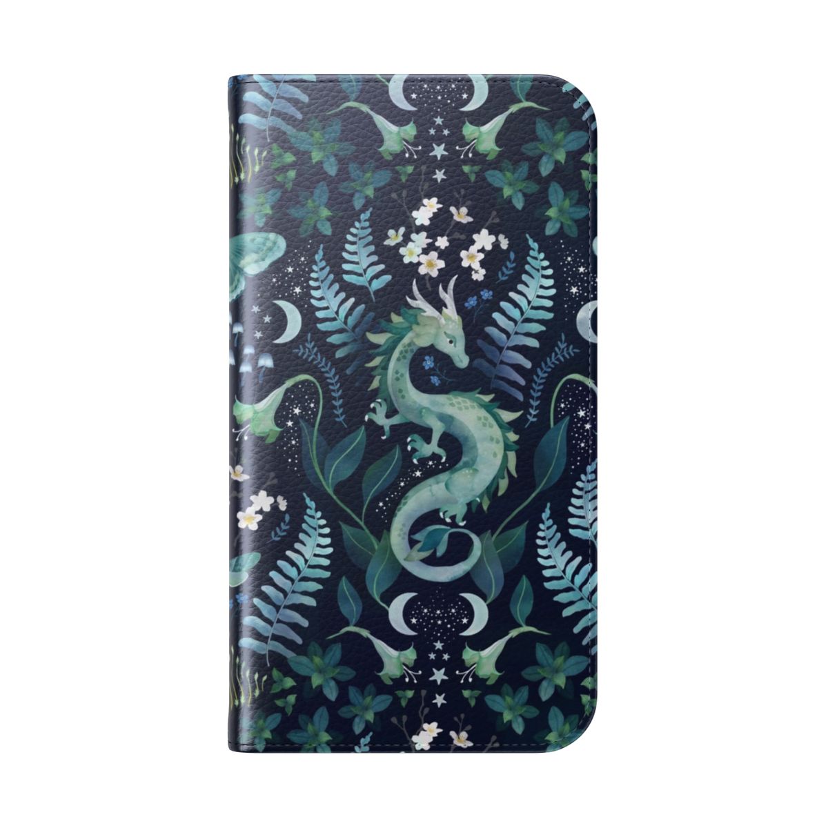 Artistic phone case featuring a mystic woodland dragon in watercolor shades of green and blue with floral and nature elements. - Folded Back