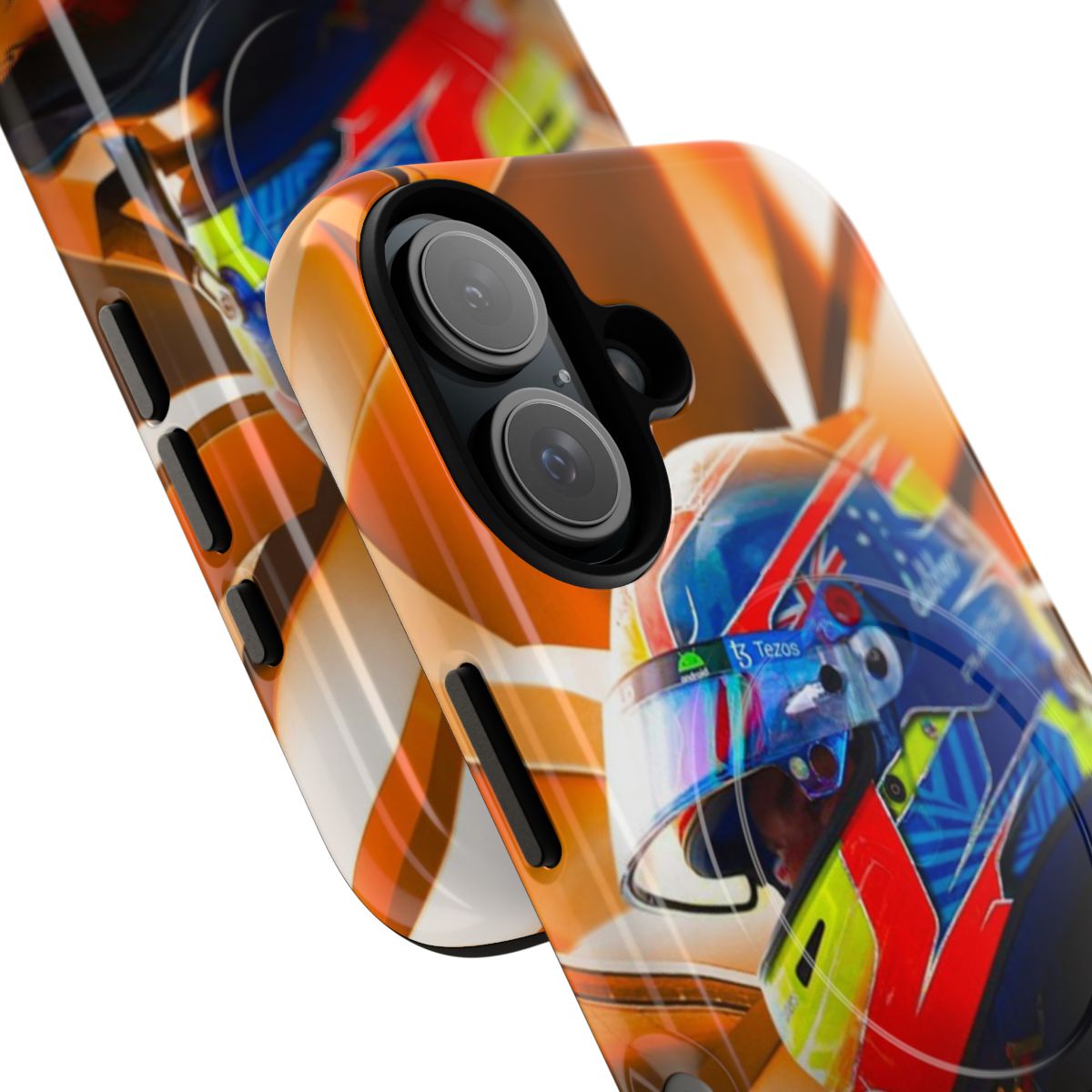 Magnetic phone case featuring a design inspired by Formula 1 driver Oscar Piastri and the Mclaren team. - Detail