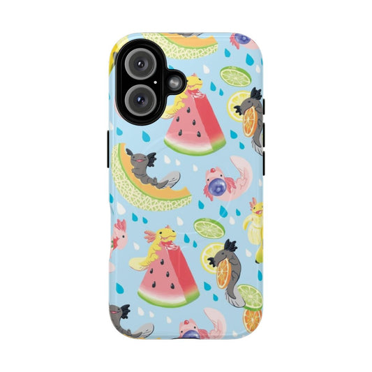 Vibrant, colorful phone case featuring a fun, fruity snaxolotl design